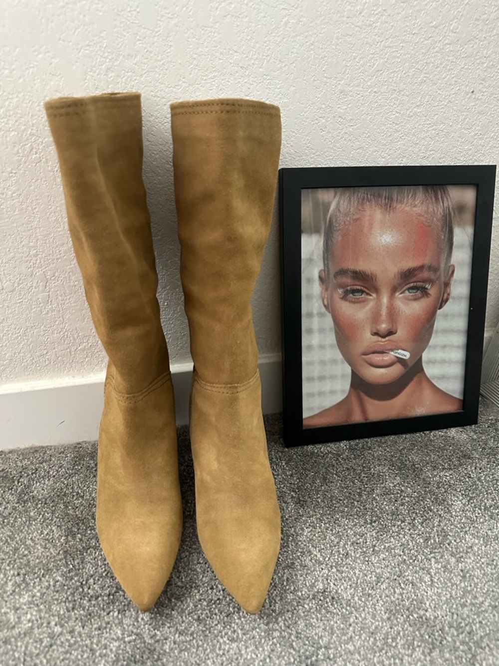 Zara Pointed-Toe Mid-Calf Suede Boots in Tan